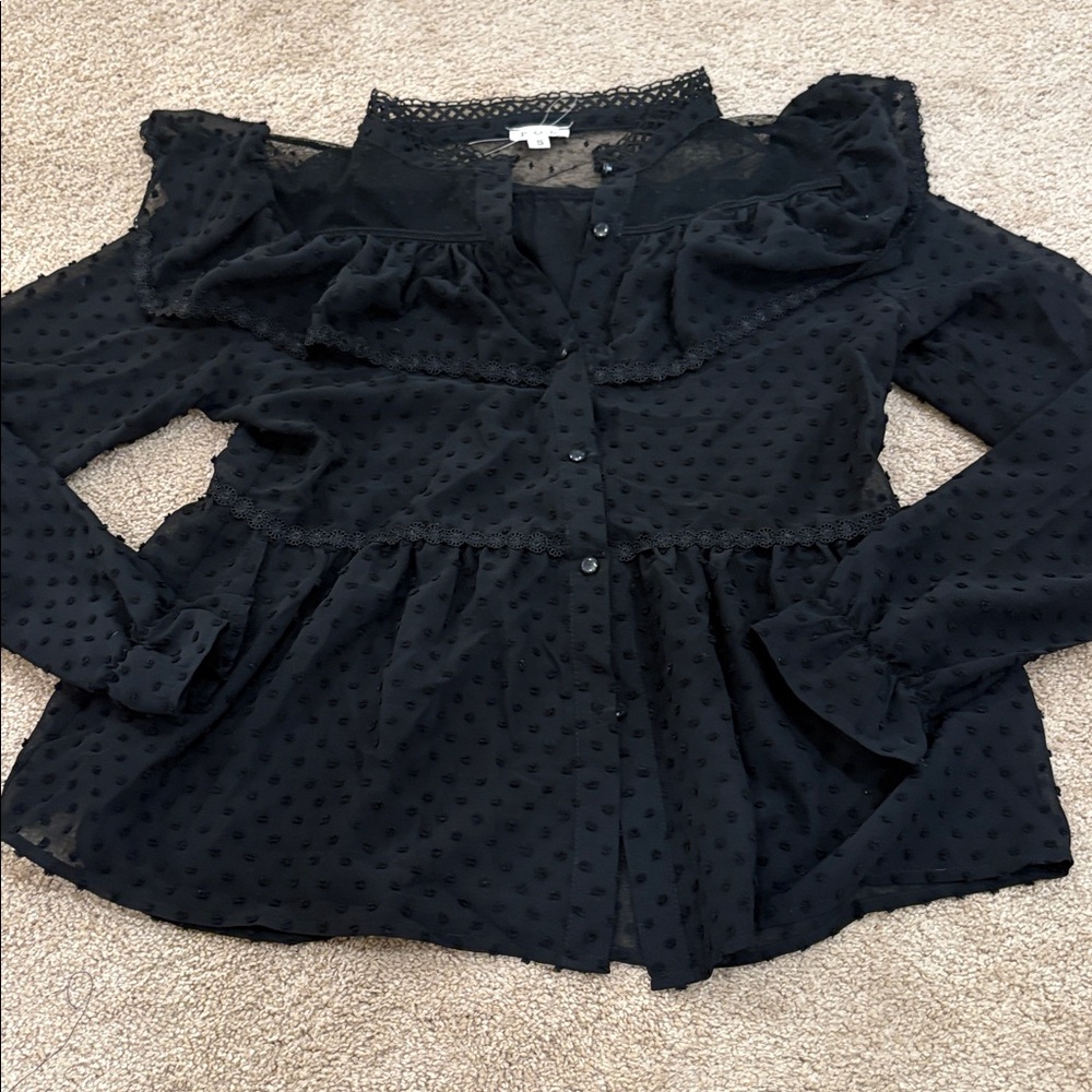 POL Swiss dot ruffle blouse mock neck